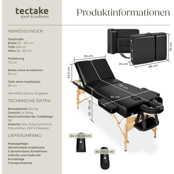 Мобільний масажний стіл Tectake®: складаний, з 3 зонами, регульована висота, підголовник та підлокітники, з дерев'яними ніжками, у комплекті з сумкою та масажними роликами (чорний)