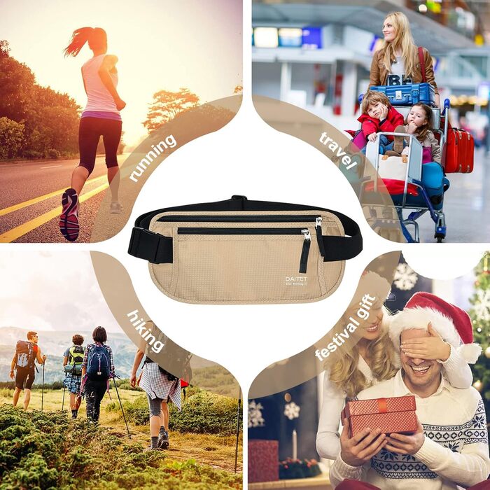 RFID-захисний пояс-сумка для чоловіків та жінок, для подорожей та бігу, чорний/бежевий, ширина пояса: 3.7 см