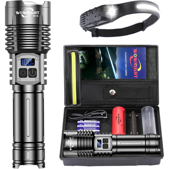 LED ліхтарик на акумуляторі 500000 люмен, 2 режими, USB-C, тактичний, потужний, регулювання яскравості, налобний, для активного відпочинку та надзвичайних ситуацій, Obsidianschwarz