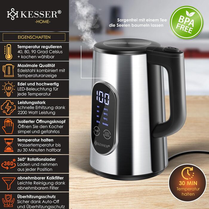 KESSER® Stainless Steel Kettle 1.7 Liter | LED Display | 4-Mode Temperature Setting 40°C-100°C | 30-Minute Keep Warm | Electric Tea Kettle 2200W BPA-Free | Scale Filter & Easy-Open Lid, (Silver)