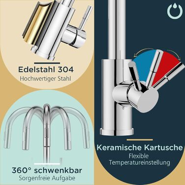 Змішувач кухонний FORIOUS чорного кольору з високим виливом та висувною лійкою, поворотний на 360°, полірований хром