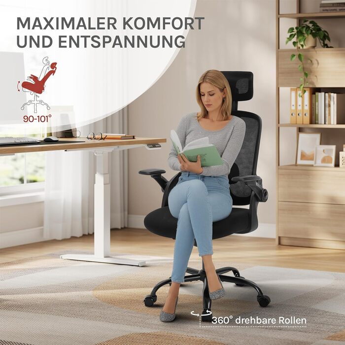 Крісло офісне WOLTU ергономічне, регульована підголовник та поперекова підтримка, функція гойдання, для офісу, 150 кг, чорне