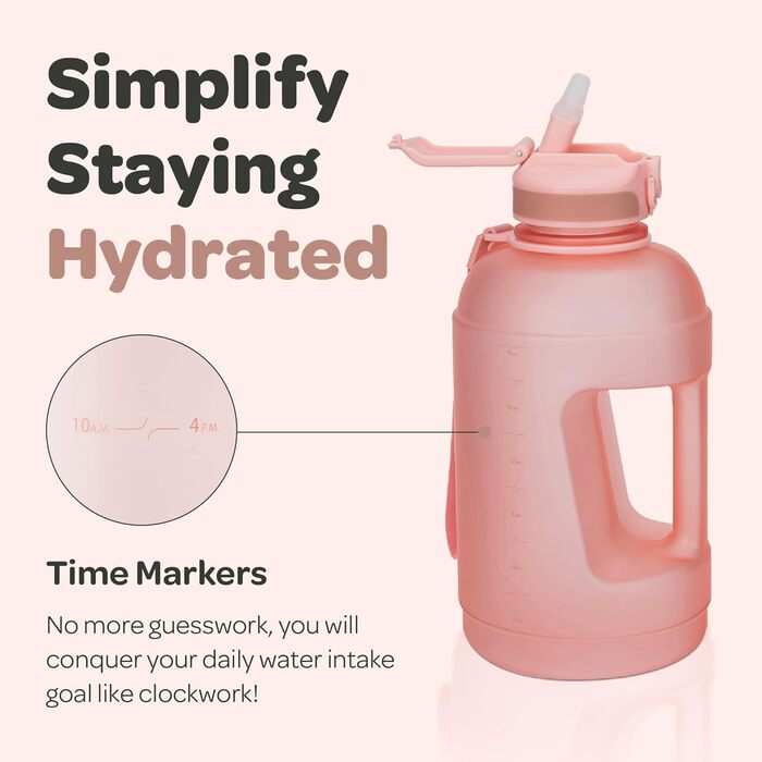 Пляшка для води Hydracy з соломинкою та мітками часу 2л - Рожева, BPA-free, спортивна, герметична