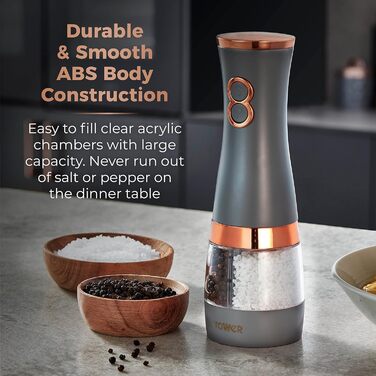 Електричні мельниці для солі та перцю Tower, працюють від батарейок, з регульованими керамічними жорнами, рожеві та рожеве золото T847004PNK (сірий)
