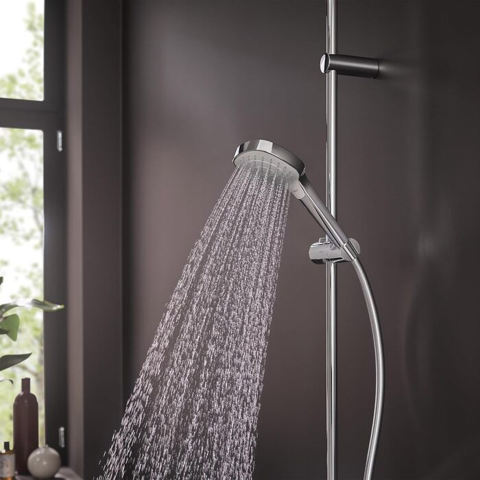 hansgrohe Croma Select E - water-saving showerhead 9 l/min (EcoSmart), hand shower with 3 spray patterns, square shower head (110 x 110 mm), showerhead with water-saving function and anti-limescale feature, White/Chrome