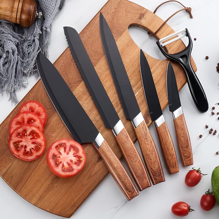 Набір кухонних ножів 5 в 1 з бруском: кухонний, хлібний, шинковий, універсальний, для чищення. З нержавіючої сталі.