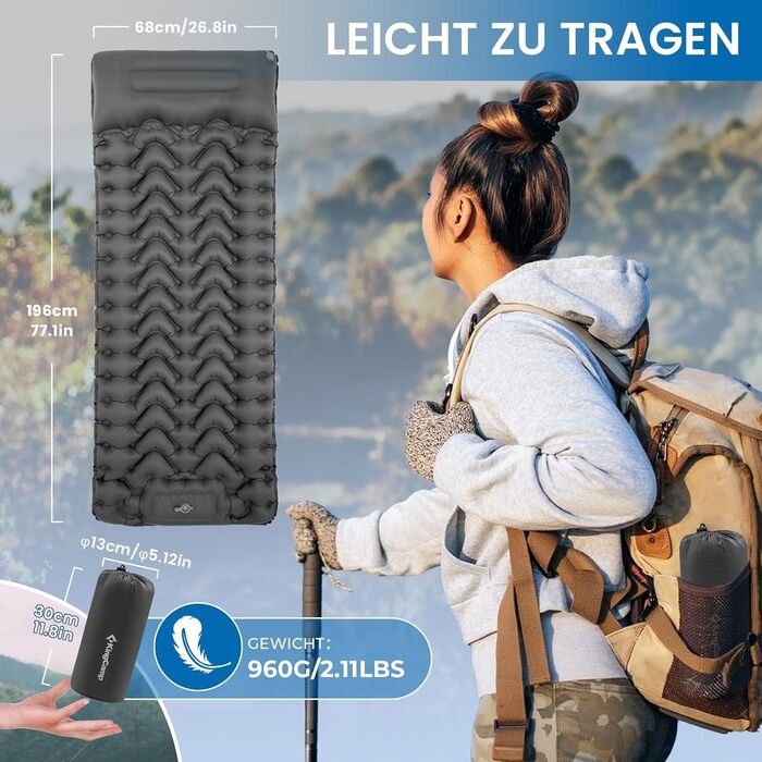 KingCamp Self-Inflating Sleeping Pad with Foot Pump, 1 Person Air Mattress with Integrated Headrests, Outdoor Ultralight Camping Mat, Small Pack Size, for Camping, Hiking, Trekking (Dark Gray)