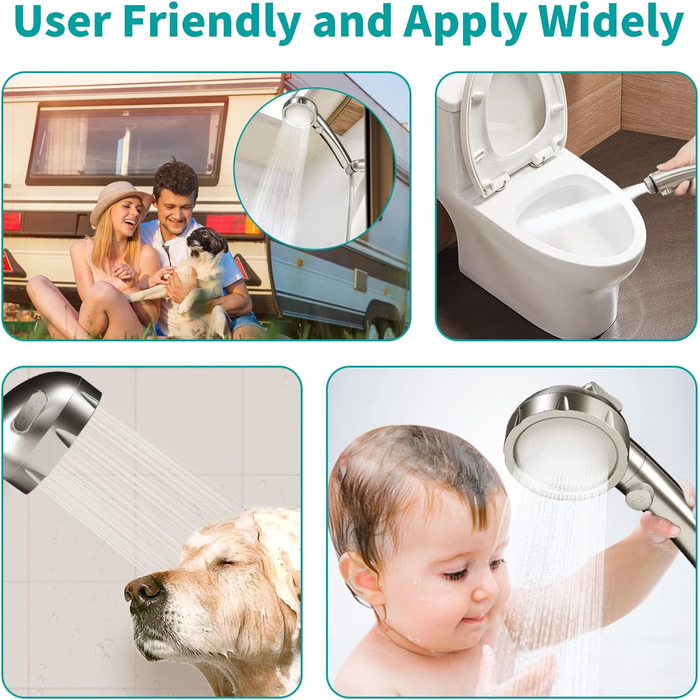 MIAOHUI Modern Handheld Showerhead with On/Off Switch, High-Pressure Showerhead with Handheld, 3 Spray Settings, Detachable Showerhead with Hose, Adjustable Shower Holder (Brushed Nickel)