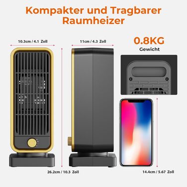 Електричний обігрівач PTC: тихий, енергоефективний, 900W, 3 режими, захист від перегріву та перекидання, для кімнат та спалень, чорний