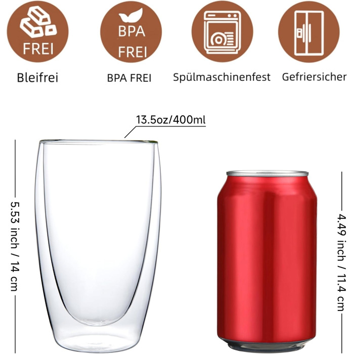 CNGLASS Double-Walled Insulated Glasses, 400ml / 13.5oz, 4-Piece Set, Latte Macchiato Glasses, Insulated Coffee Cups, Tableware, Drinkware