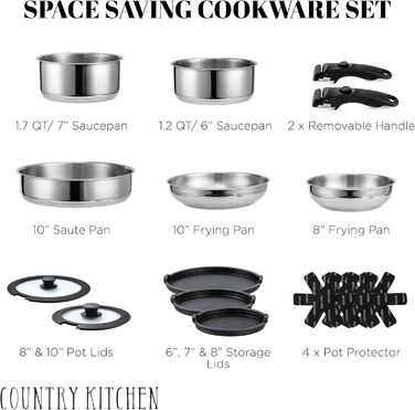 Набір посуду Country Kitchen 16 предметів з керамічним антипригарним покриттям, дерев'яні ручки, для дому та кемпінгу, придатний для духовки - кремовий