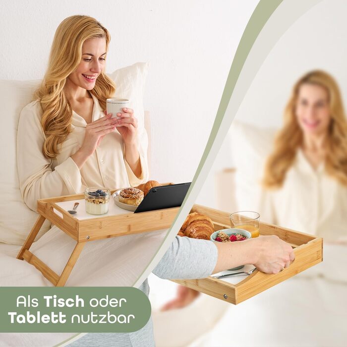 Бамбуковий приліжкові столики Blumtal з дерев'яною підпоркою для планшетів/телефонів - піднос для сніданку в ліжко - складаний приліжкові столики 50 x 30 x 6 см - сервірувальний піднос на ніжках - стійкий приліжкові столики (Білий)