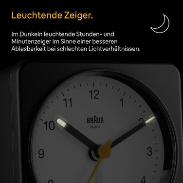 Braun Classic Analog Alarm Clock with Snooze Function and Light, Silent Quartz Movement, Crescendo Alarm, Black and White Model BC03BW.