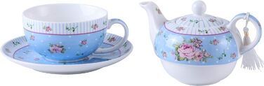 London Boutique Teapot and Cup, Vintage, Viktoria, Porcelain, in Gift Box, Ceramic, 15x15cm (Blue)