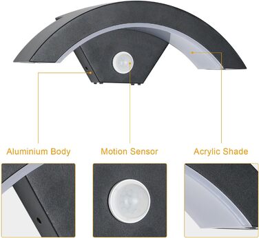 Зовнішня LED-стіна Comely 24W з датчиком руху, IP65, алюміній, тепле світло 3000K для саду, тераси, сходи, чорна (2 шт.)