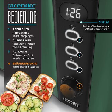 Тостер Arendo з нержавіючої сталі, 4 слоти, підігрів, підставка для булочок, 1500W, зйомний лоток для крихт, дисплей з таймером