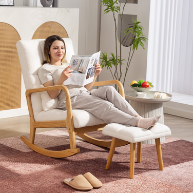 HOMCOM Rocking Chair with Ottoman, Rocking Chair with Fleece Cover, Armrests, High Back, Wooden Sleigh Runners, Padded Swivel Chair, Relax Chair, Accent Chair for Living Room, Bedroom White | Aosom