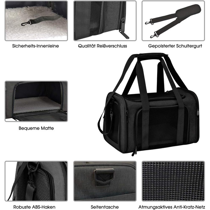 Транспортна сумка для кота та собаки, складана переноска для домашніх тварин середнього розміру (51x33x33 см, чорна)