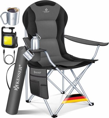 Крісло для кемпінгу KESSER® - складне, до 150 кг, з підлокітниками, високою спинкою, для риболовлі, відпочинку, пляжу, з підсвіткою, тримачем для напоїв, сумка, бежевий (антрацитовий/чорний)