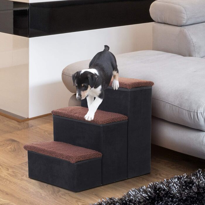 PawHut Pet Stairs Cat Stairs Dog Stairs Foldable 3 Steps Pet Stairs with Storage Space for Cats and Dogs MDF White 40 x 54 x 48 cm (Black)