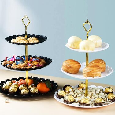 Трирівнева підставка для капкейків, десертів, фруктів, печива, цукерок. Підставка для сервірування на вечірку, весілля, день народження, дитячий свято (пластик, чорний та білий)