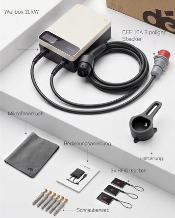 Wallbox 11 кВт з Wi-Fi та кабелем Type 2 7,5м, 3-фазне зарядне для електромобілів (BEV/PHEV), 6-16A, 400V, RCD Type A 30mA/DC 6mA, IP54, чорний. Зарядна станція для дому.