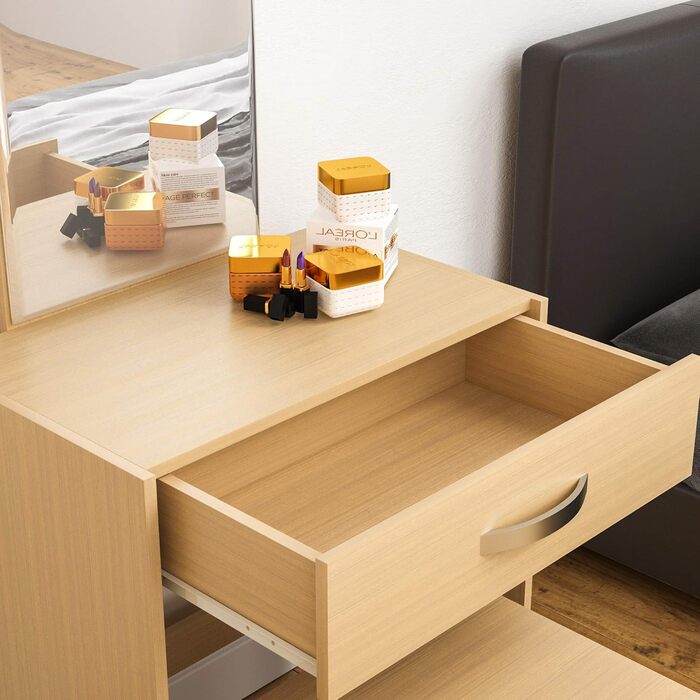 Туалетний столик Vida Designs Isla з дзеркалом і пуфом, 1 шухляда, для макіяжу, косметики, зберігання, спальня, дерево сосна, 130x39x63,5 см