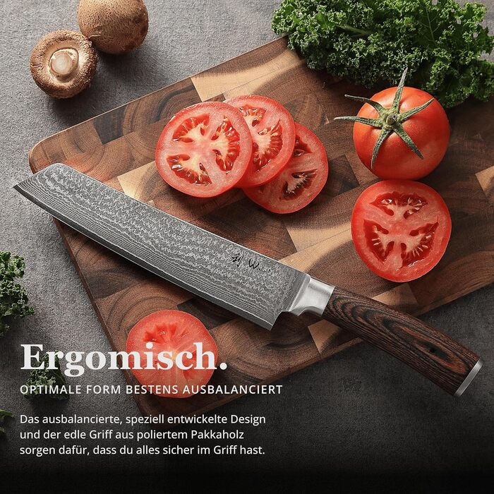 Кухонний ніж Wakoli EDIB Bunka з дамаської сталі (серцевина VG10), 20 см - гострий та ергономічний. Ніж з ручкою з паккавуду в подарунковій коробці. Кухонний ніж для професійних та аматорських кухарів. Без гравіювання