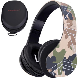 Дитячі навушники PowerLocus Bluetooth з обмеженням гучності 85dB, складні, з чохлом, Over-Ear, бездротові та з кабелем, з мікрофоном, підтримка Micro-SD, камуфляж (для телефону, ПК, планшета)