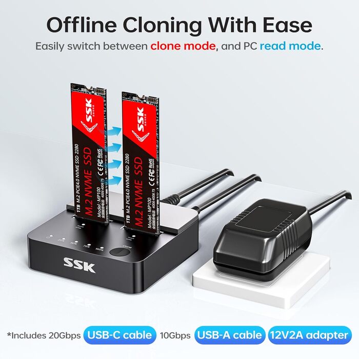 Док-станція для SSD NVMe M.2 (Dual Bay) SSK - 20Gbps, USB 3.2 Gen 2X2, Клонування, для ПК