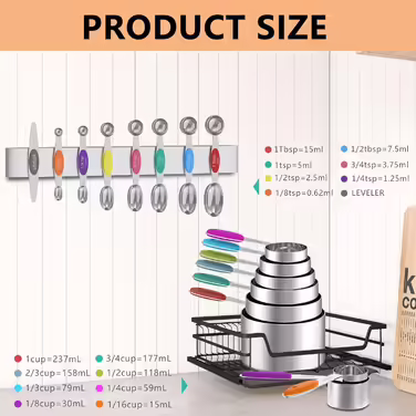 Measuring cups and magnetic measuring spoons, 5 stainless steel measuring cups with easy-to-read markings, 7 double-sided, stackable magnetic measuring spoons, and 1 leveler, multicolored