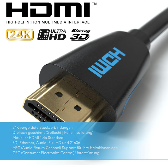 HDMI кабель JAMEGA 2.0 білий Ultra HD 4K@60Hz High-Speed Ethernet HDR ARC 3D 18Gbps, сумісний з PS5, PS4, PS3, XBOX Series S, Blu-Ray, DVD, саундбар, монітор (4м, чорний)