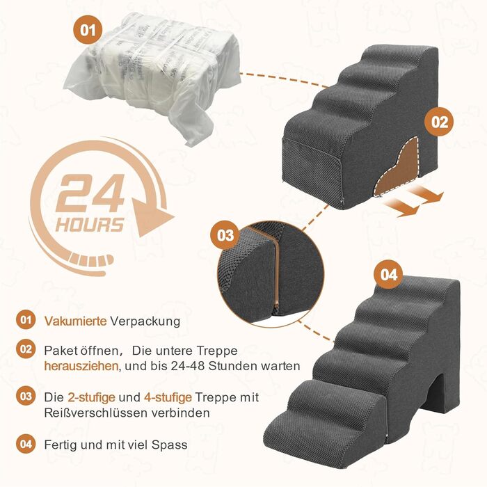 Східці для собак A.FATI 60 см: 6 ступенів, для ліжка, Boxspring, неслизькі, для маленьких/поранених собак та котів, темно-сірий