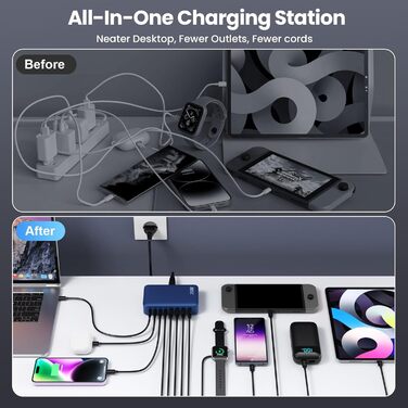 Зарядний пристрій Feob USB-C GaN III 8-Port 200W PD 65W PPS: Швидка зарядка для MacBook, iPhone, Steam Deck, смартфонів (Синій)