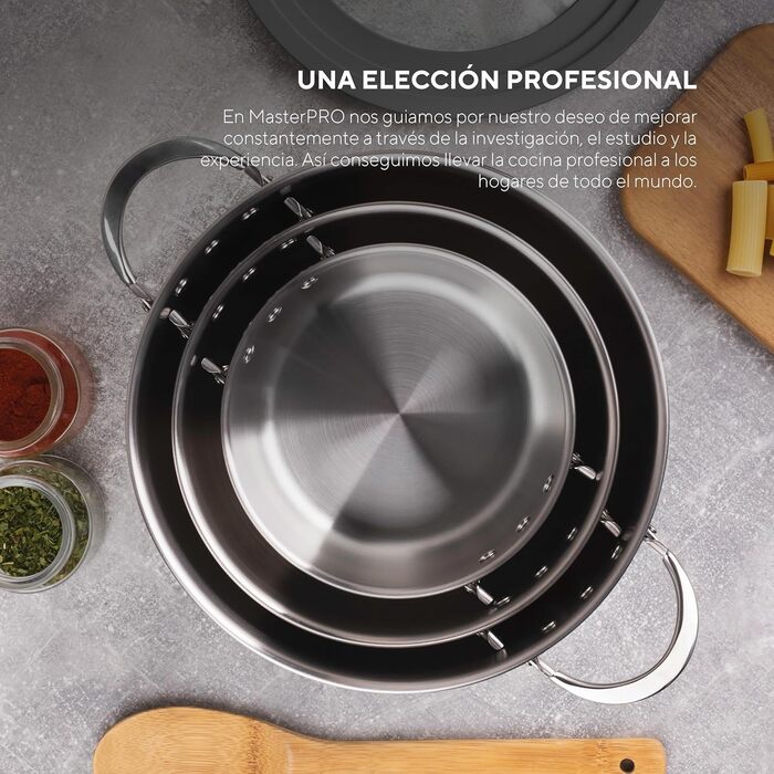 Набір сковорідок MasterPRO Foodies, 4 предмети: 20/24 см, з кришкою, з нержавіючої сталі, для всіх плит