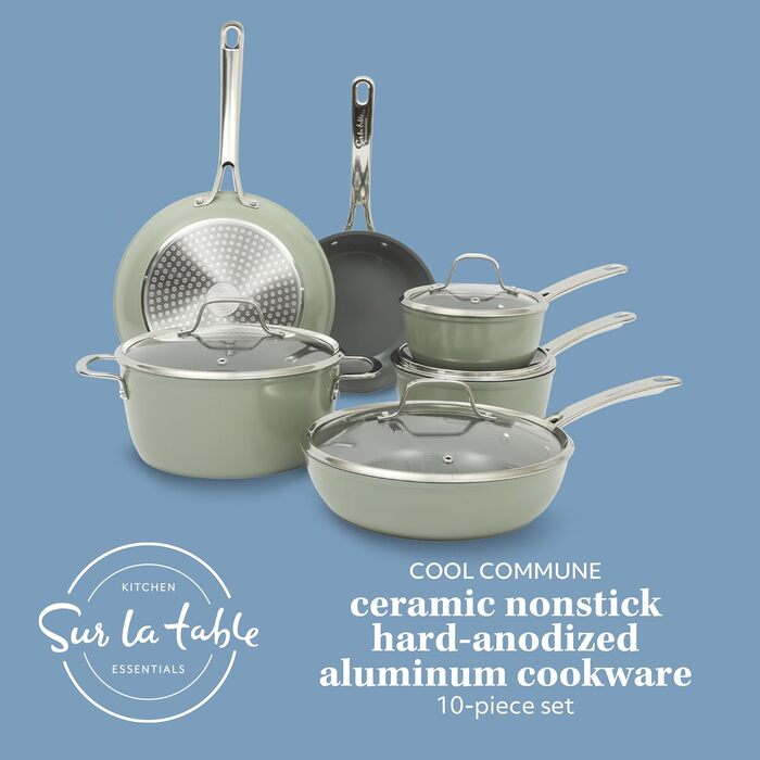 Набір кухонного посуду Sur La Table Kitchen Essentials, 13 предметів, керамічне покриття, антипригарне, для індукційних плит, знімний ручка, зелений