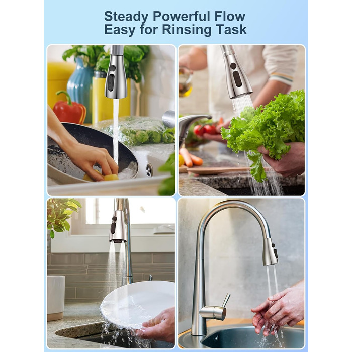 Кухонний змішувач SREWOHS PRO з висувним виливом, 360° обертання, 4 режими розпилення, однорегуляторний, високий вилив, ABS-розпилювач для кухонної мийки, проста установка