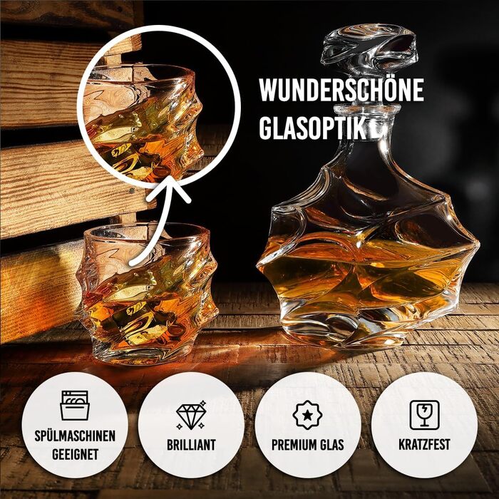 Набір віскі 5 предметів: графин 750 мл та 4 келихи 330 мл. Ідеальний подарунок на день народження та День батька. Безпечний, без свинцю, BPA-Free.