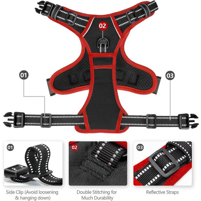 Шлейка для собак PHOEPET без натягу, світловідбиваюча, регульована, з ручкою для тренувань + 2 гачки для повідка + 3 застібки + 4 ковзаючі пряжки (M, Чорний)