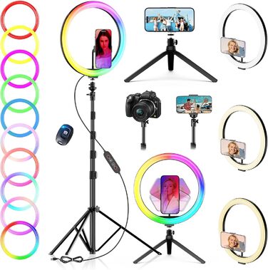 PEYOU Кольцеве світло з триподом 12'/186 см, 48 RGB режимів, регульований трипод для смартфона, для TikTok, YouTube, макіяжу та фотографії