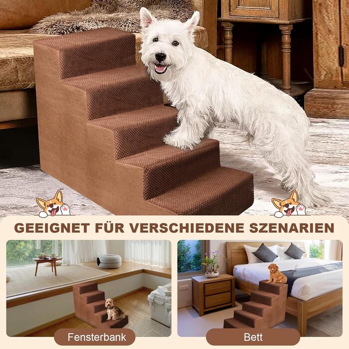 Pet Stairs for Small Dogs and Cats, 4 Steps 50cm High, Dog Stairs Cat Stairs with Removable, Washable, Portable Pet Stairs for Small Dogs (5 Steps Brown)