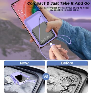 Powerbank 10000mAh з вбудованими кабелями: зарядка для iPhone 16/15/14/13, Android, Google Pixel (фіолетовий)