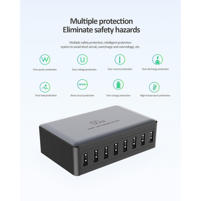 Зарядний пристрій USB 50W мережевий адаптер 8 портів для iPhone 15/14/13/12 Pro Max, iPad, Samsung, Google Pixel - Чорний