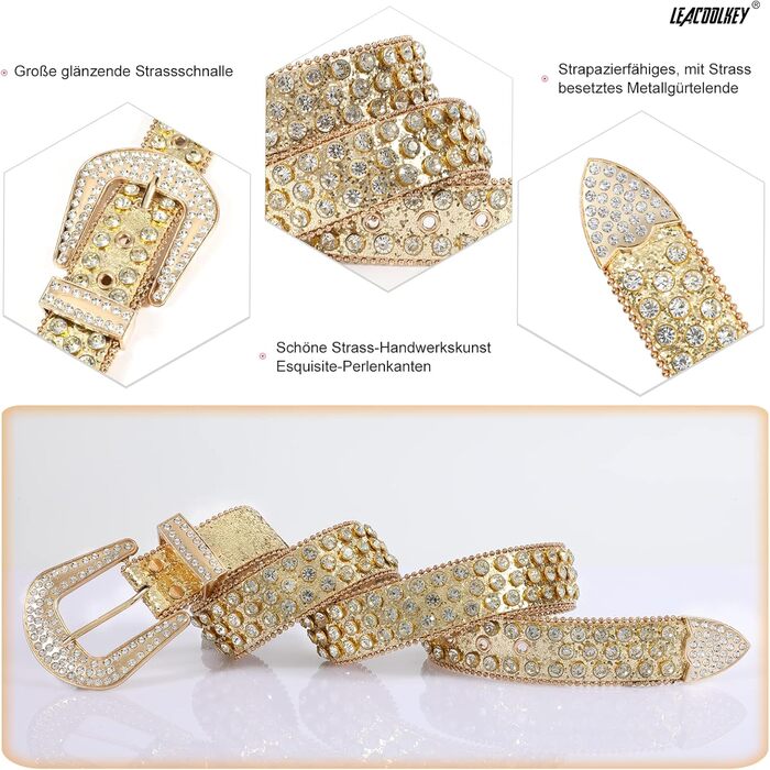 LEACOOLKEY Ремінь зі стразами для чоловіків та жінок, блискучий вестерн кантрі ковбойський ремінь з пряжкою золотого кольору, для джинсів, штанів, суконь. Розмір S: 73-82 см (загальна довжина 105 см)
