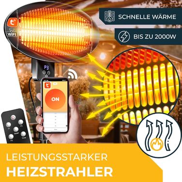 Інфрачервовий обігрівач KESSER® 2000W з Wi-Fi та пультом дистанційного керування, 360° обертання, регулювання висоти, підставка та настінний монтаж, захист від перекидання, IPX4 вологозахист, для тераси, балкону та саду, чорний