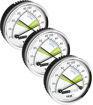 TFA Dostmann Thermo Analog Thermometer Hygrometer with Metal Ring, Humidity Meter, Multicolored, L 71 x W 23 x H 71 mm (Pack of 3)