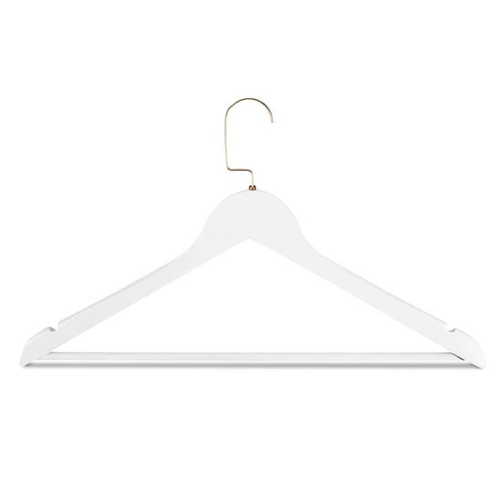 Набір дерев'яних вішаків для одягу RSR-Hangers (10 шт), білі, з перекладиною для штанів та поворотним золотистим гачком, 44.5 см
