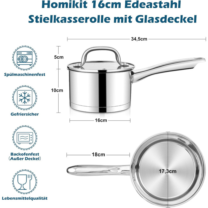 Каструля Homikit 8 см, 2.8 л, нержавіюча сталь з кришкою, для плити (індукція), 3-шарове дно, 8 см