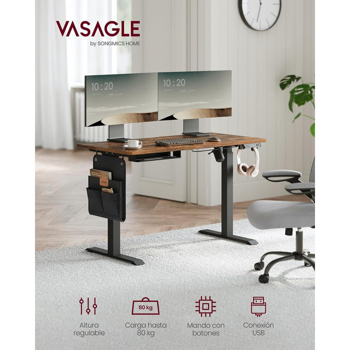 VASAGLE Electric Height Adjustable Desk - Vintage Brown, 60 x 120 x (72-120) cm, Memory Function, Wood & Steel Frame