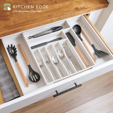 Органайзер для столових приборів і кухонного приладдя KitchenEdge, розширюваний, білий бамбук, харчовий пластик, для кухонних шухляд, 37,8-63,5 см
